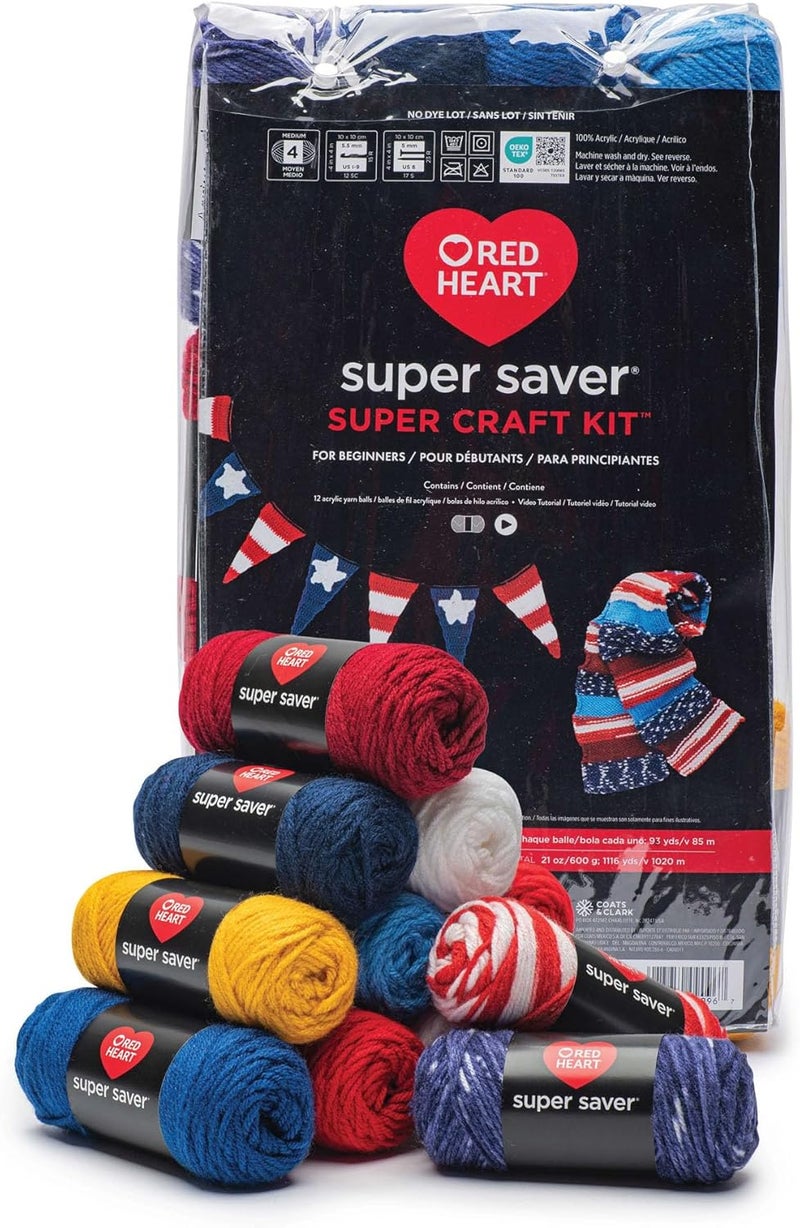 RED HEART Super Saver Yarn Super Craft Kit America, with 12 Pack of 50g/1.7 oz. 4 Medium Worsted Yarn for Knitting & Crocheting, 12 Colors, Perfect for Chunky Sweaters, Blankets, Amigurumi - Image 5